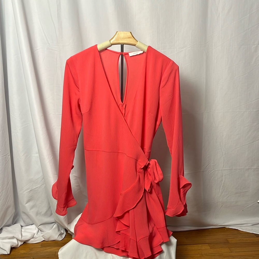 Lush coral Chiffon lined Shirts Romper  with ruffle details (S)